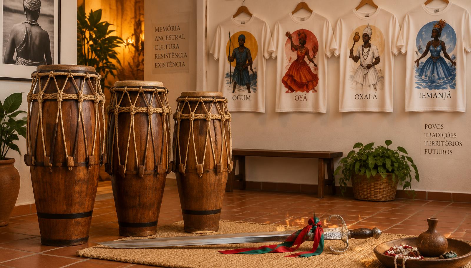 Atabaques, espada de Ogum e camisetas de orixás em uma galeria