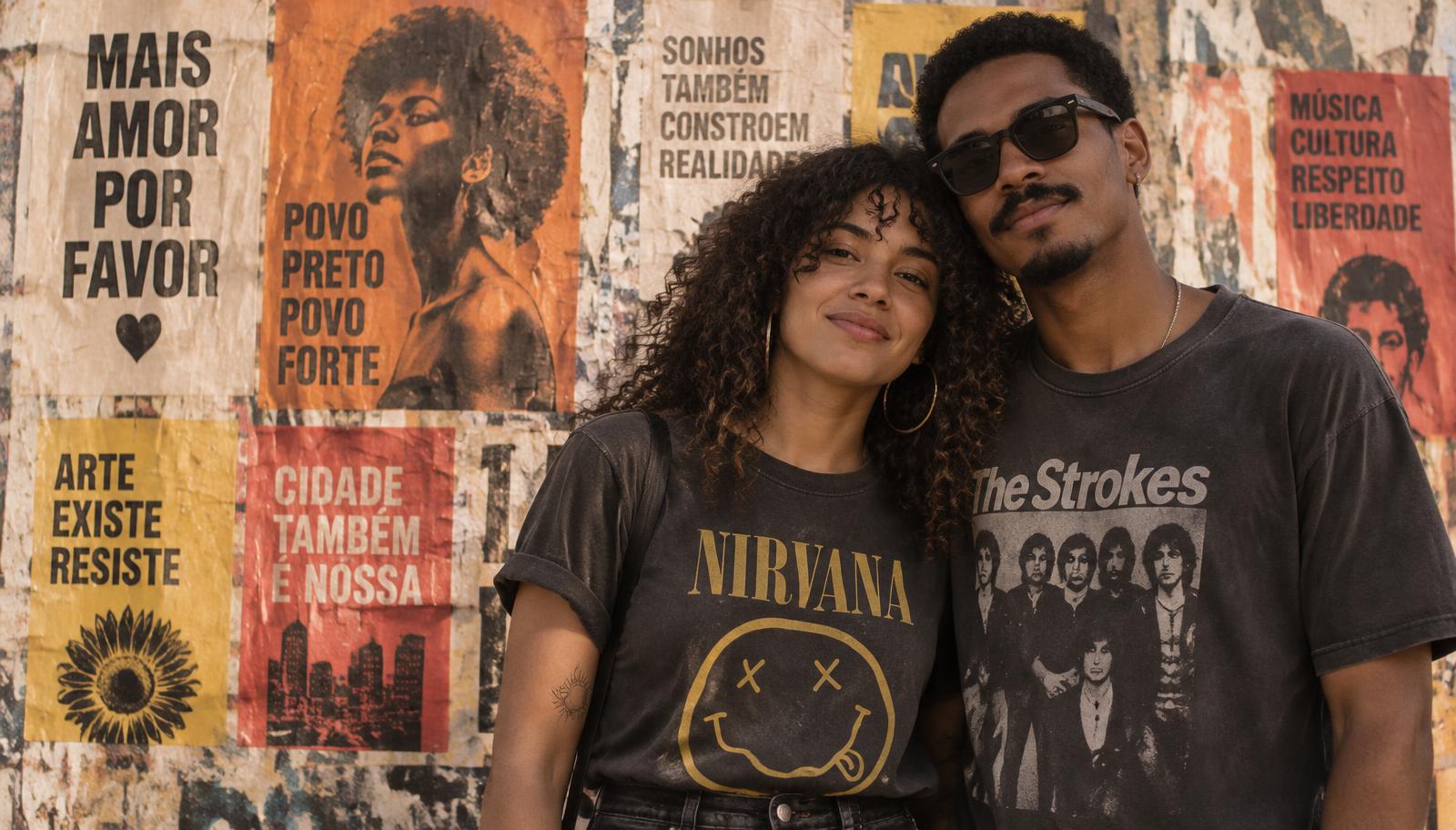 Mulher de camiseta de show e homem de óculos de sol diante de um muro de lambe-lambe