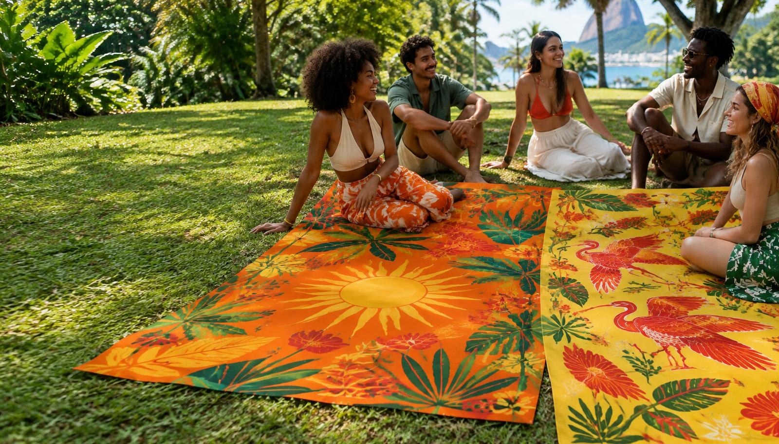 Amigos sentados em cangas personalizadas com estampas tropicais em um parque brasileiro
