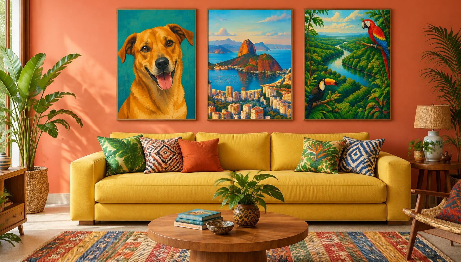 Sala brasileira colorida com quadros de cachorro caramelo, Rio de Janeiro e Amazônia